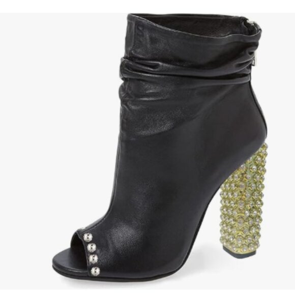 FSJ Black Stylish Peep Toe Slouch Ankle Boots Chunky Stacked Heels Crystal Shoes - Picture 1 of 8